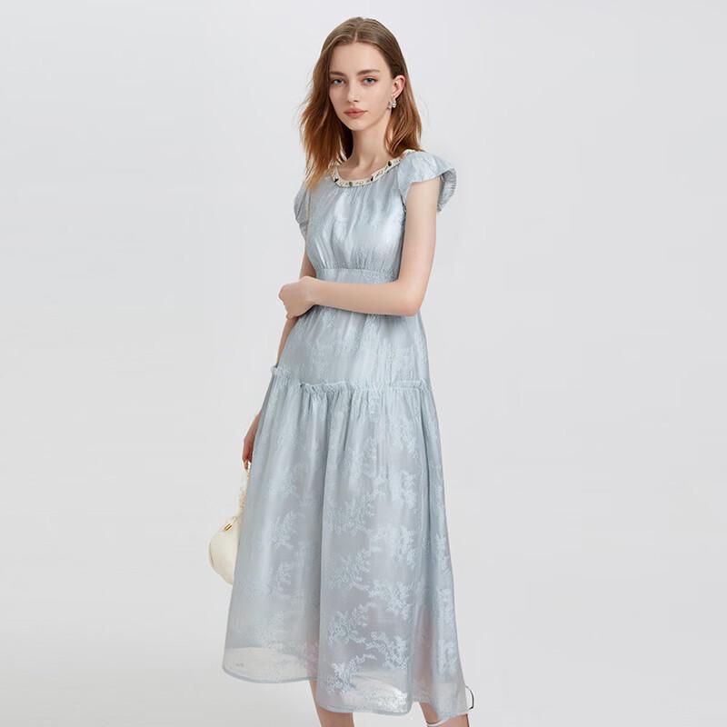 Elegant Embroidered Short Sleeve Midi Dress L