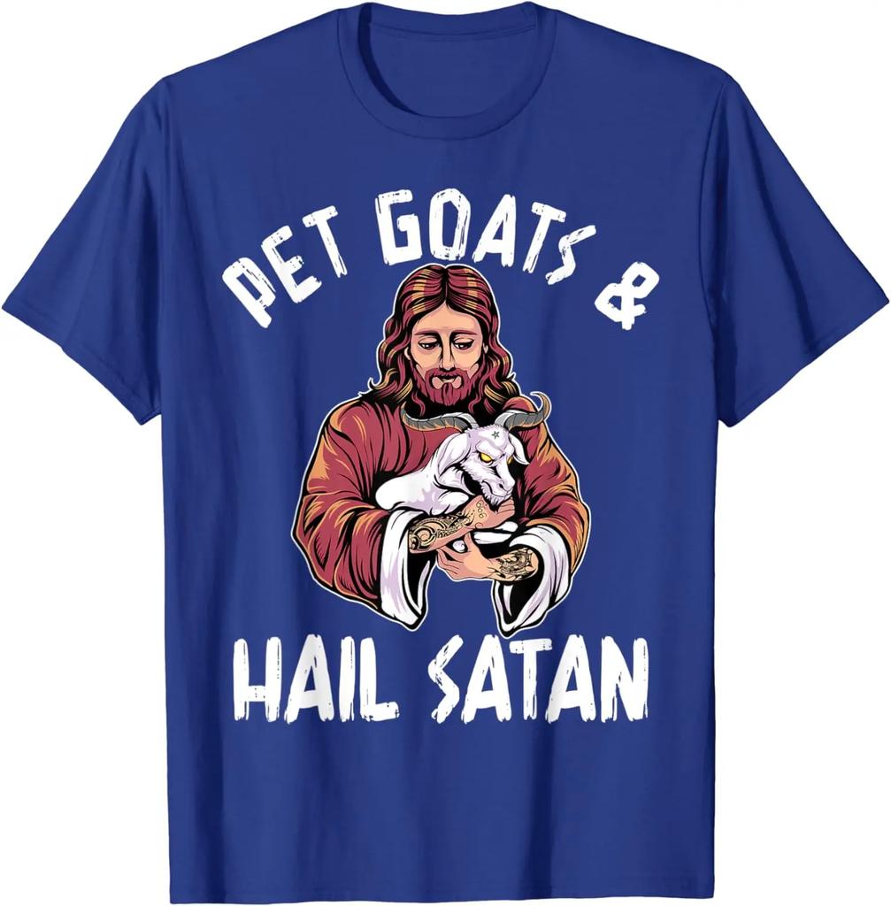 Haustierziegen Hail Satan Jesus Ziege Baphomet Atheist T-Shirt 100% Baumwolle Rundhals Sommer Kurzarm Freizeit Herren T-Shirt Größe S-3XL
