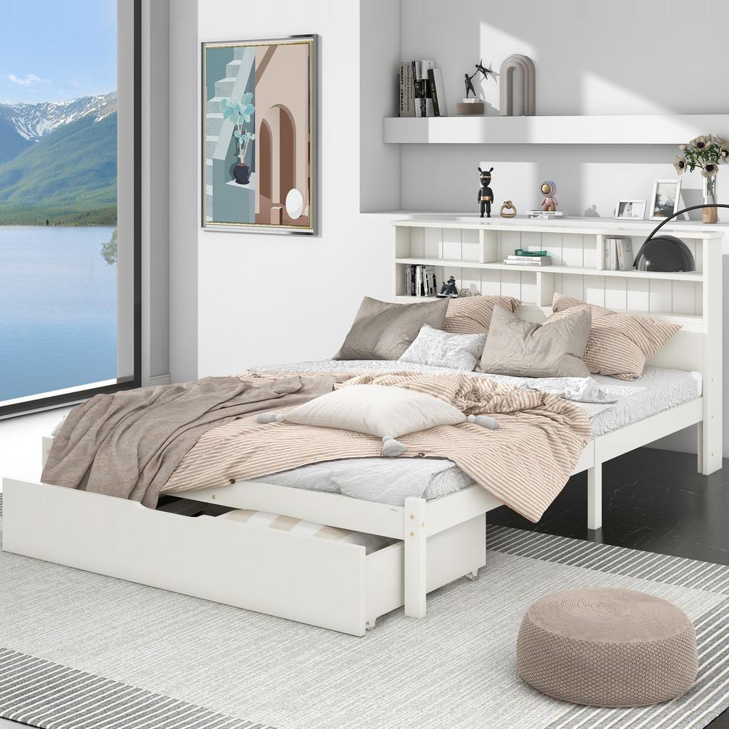 Solid Wood Double Bed with Drawers and Slatted Frame, Bookshelf Youth and Adult Children's Bed, 140x200cm White