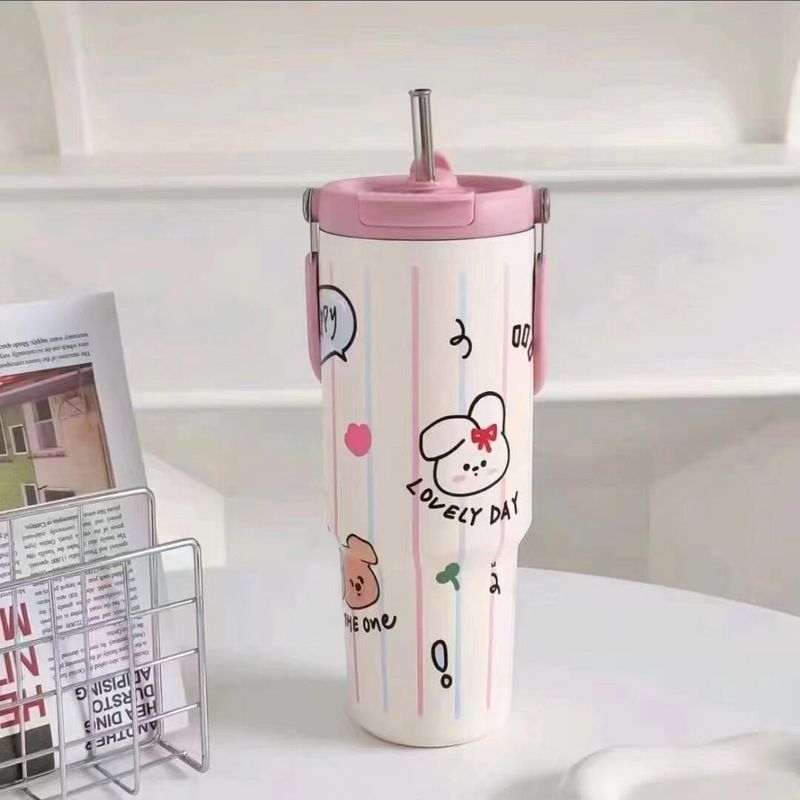 Large-Capacity Thermos Cup for Girls, High-Looking 2024 New Model Straw Cup, Student Portable Water Cup, Giant Size