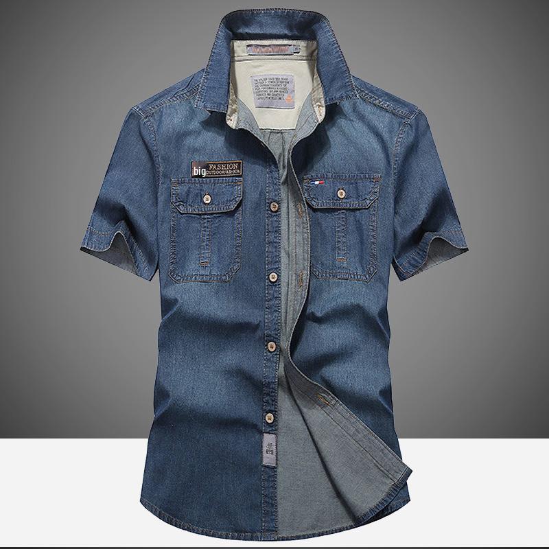 Men s Short Sleeve Casual Denim Shirt Small серый/синий