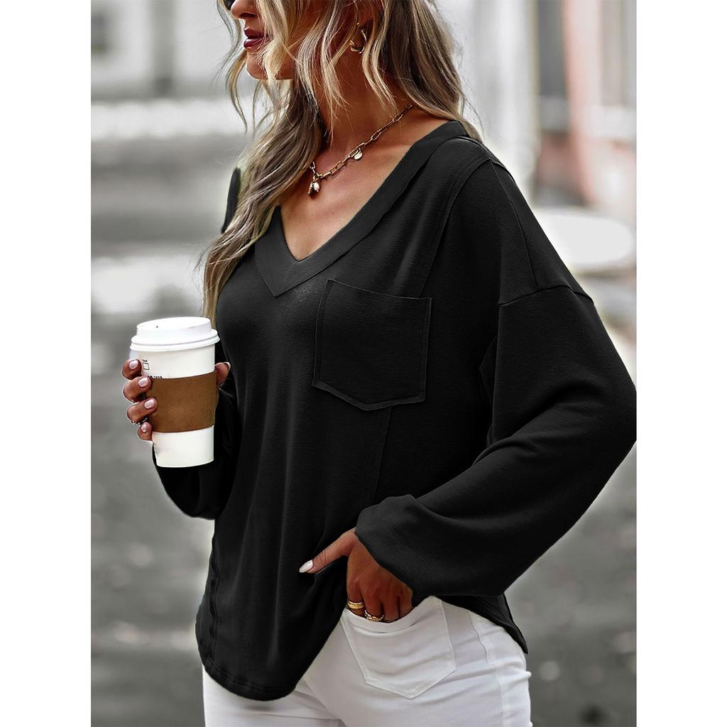 Women's Autumn and Winter Solid Color V-neck Loose Long Sleeved T-shirt Top
