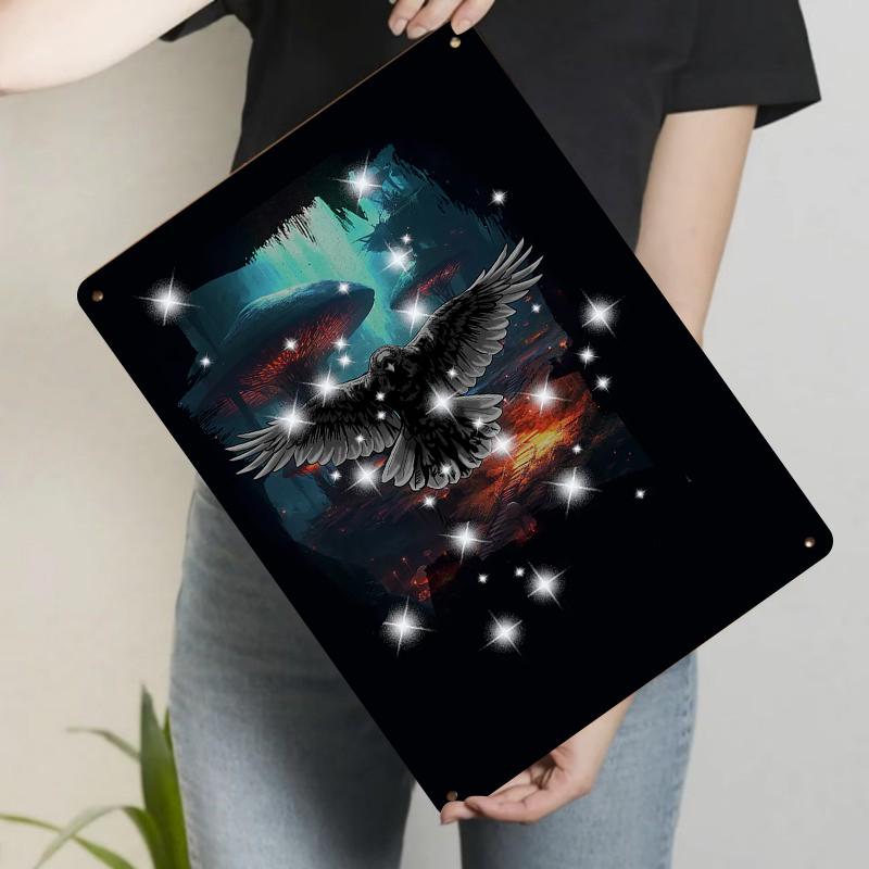 

Dark Style Crow Spreading Wings Metal Iron Painting Fantasy Glowing Forest Cave Scenery Home Wall Decor Hanging Ornament 20x30cm（7.8x11.8inch）