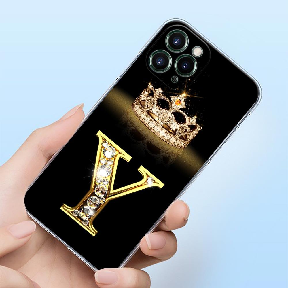 Diamond Crown First Initials Letter N T Z Shell Case for iPhone 15 16 11 12 13 14 Pro Max Mini 16 Plus Transparent Cover Fundas