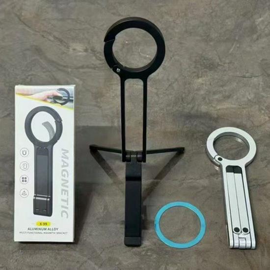 Multifunctional Aluminum Phone Holder: Magnetic, Portable, with Carabiner for Live Streaming, Photography, Desktop Tripod. Plastic Black