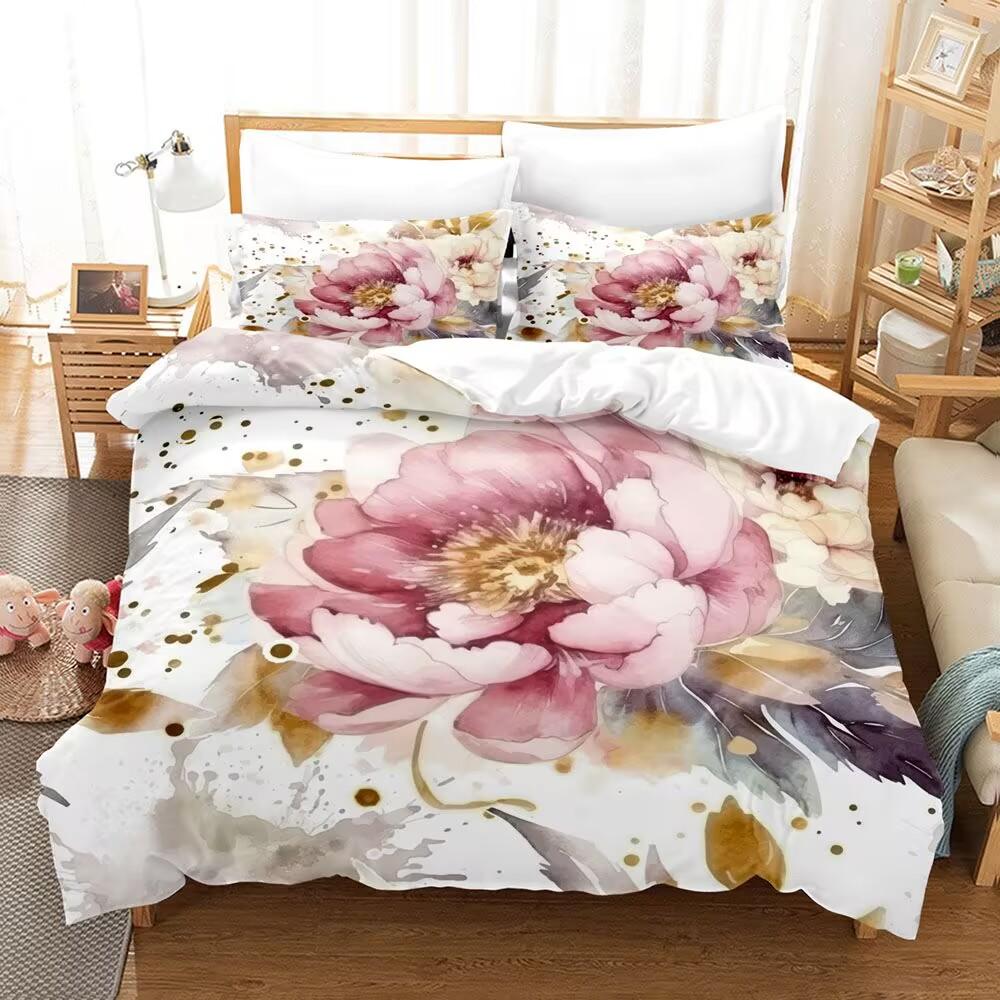 Pink Flowers Bedding Set 3D Print Comfortable Wrinkle-Free Floral Duvet Cover Set Twin King Queen Size Bedroom DeDuvet Cover Set
