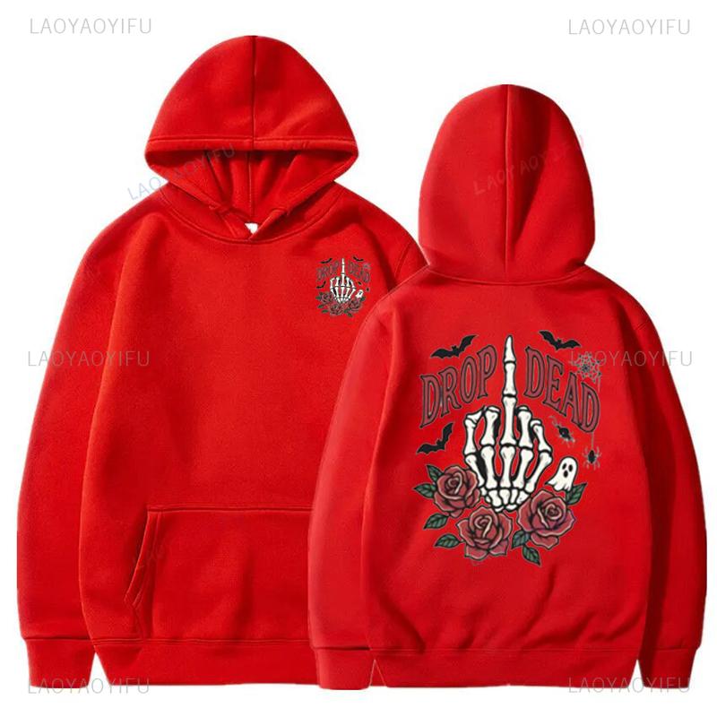 Halloween Skeleton Hoodie Drop Dead Vintage Retro Sweatshirt Spooky Season Pullover Cotton Unisex Funny Costume Party Gift