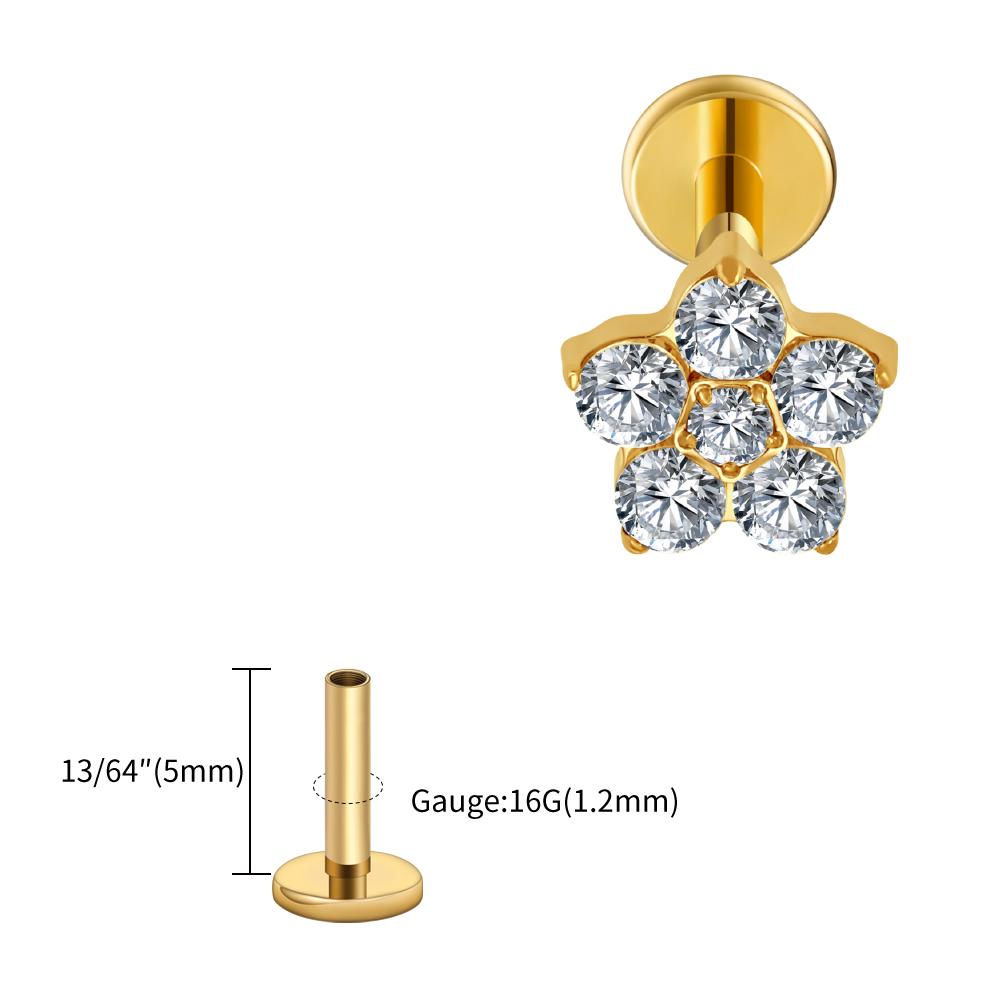 Right Grand ASTM F136 Titanium 5 CZ Flower Lip Labret Monroe Stud 16G Floral Cartilage Helix Earring Flat Back Piercing Jewelry