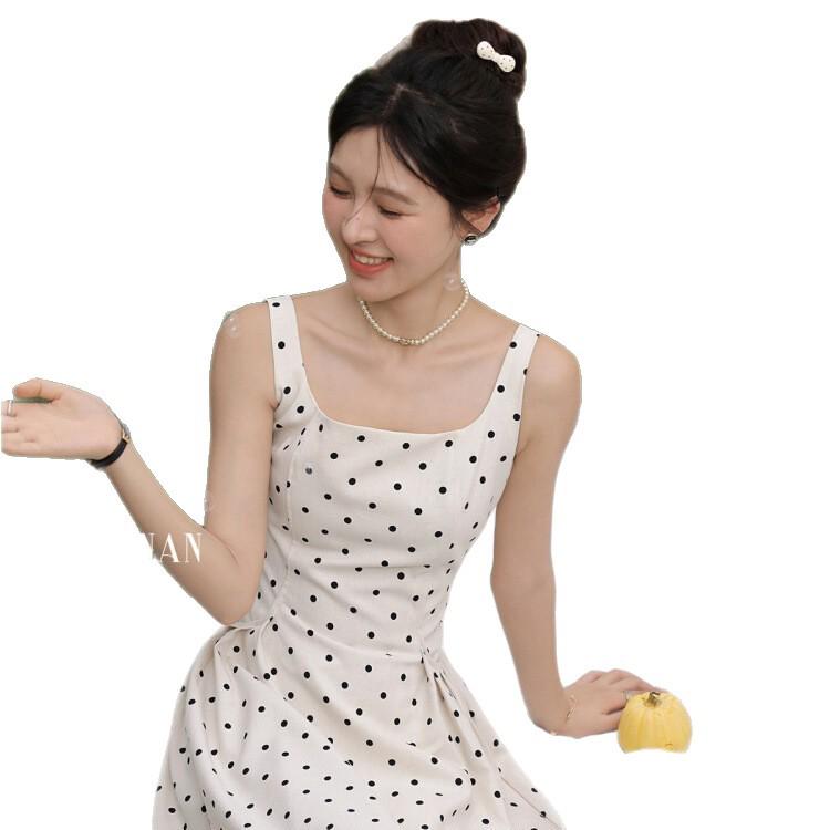 Deer To the South 'French Elegance' Polka Dot Summer Dress: Women's Spaghetti Strap, Fitted Waist, Long Design