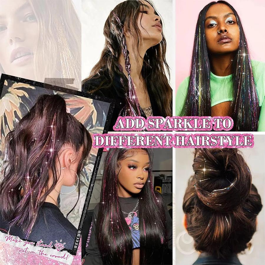 Synthetic Hair Clip One Piece Women Glitter Tinsel Hair Extensions Hair Tinsel Kit Heat Resistant Shiny Sparkle Wig