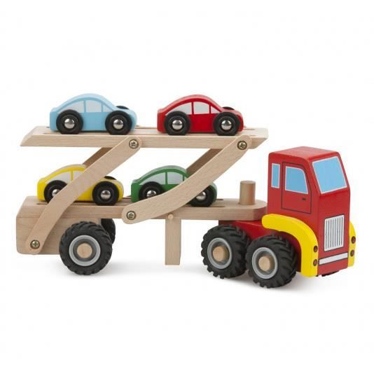 Transporteur de voitures junior en bois rouge/brun - NEW CLASSIC TOYS - 4 voitures incluses