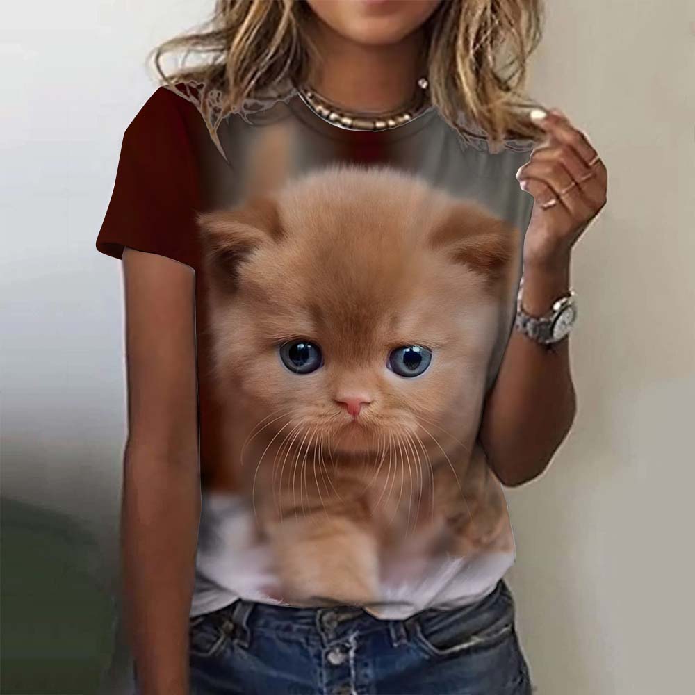 3D Print T Shirt Summer Street Cat Cartoon Tees Fashionable Tee Minimalist Pattern Women's T Shirt Round Neck Short Sleeved Top