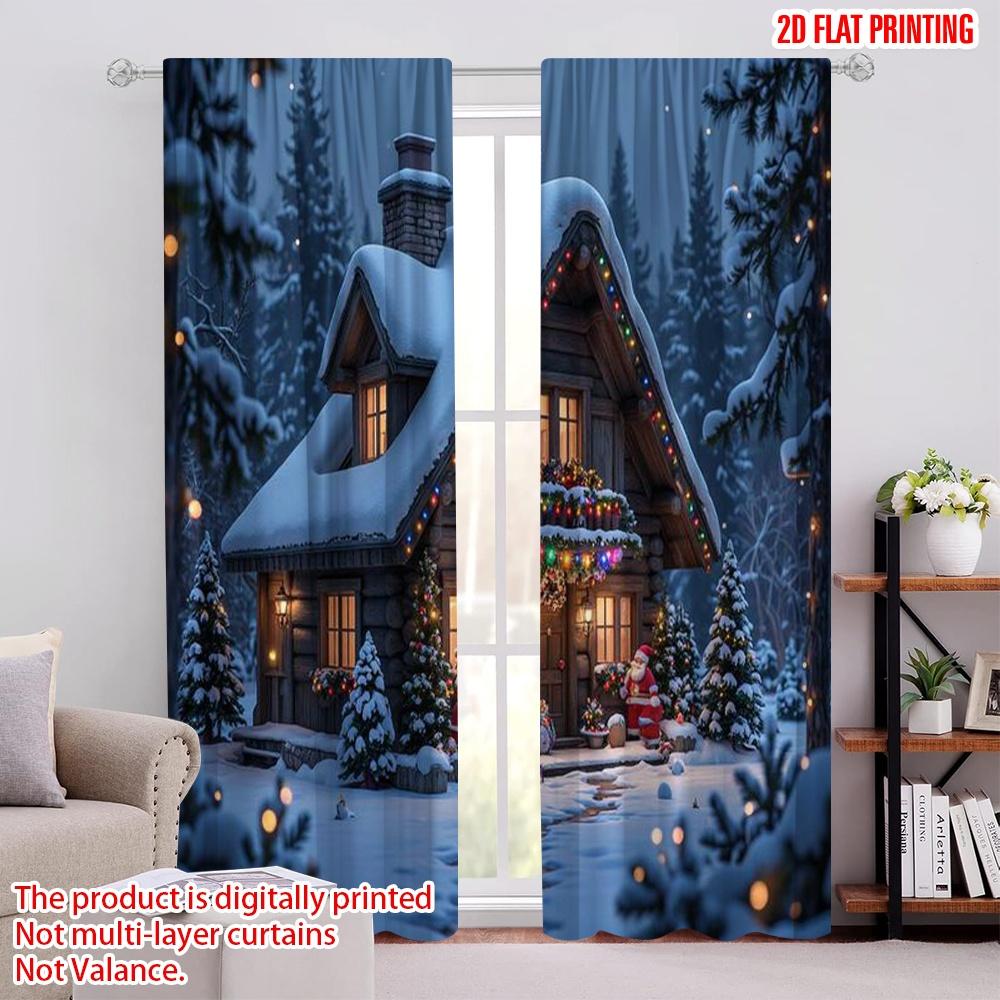 

Flat Printing Christmas Curtains Santa Claus Holiday Scene Polyester Without Electricity Birthday Party Curtain Set Of 2 Made Washable W100*H70(CM)-Grommet top&1PCS
