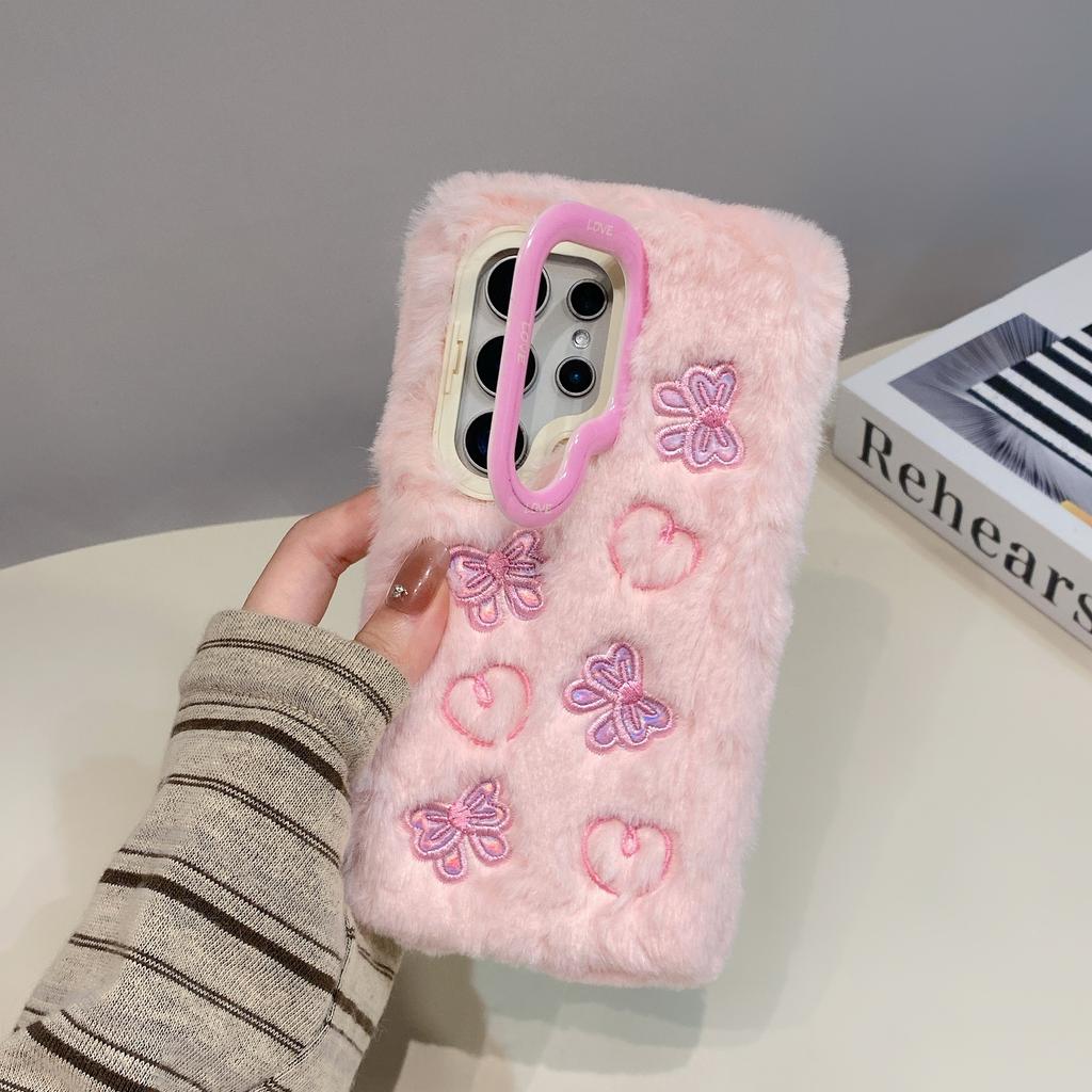 3D Plush Bow Love Fashion Phone Case For Galaxy S25 24 23 22 21 20 10 Ultra Plus S9 A23 06 26 35 36 A53 A54 A55 A56 Note 10 9 8 Case Girl Cute Winter
