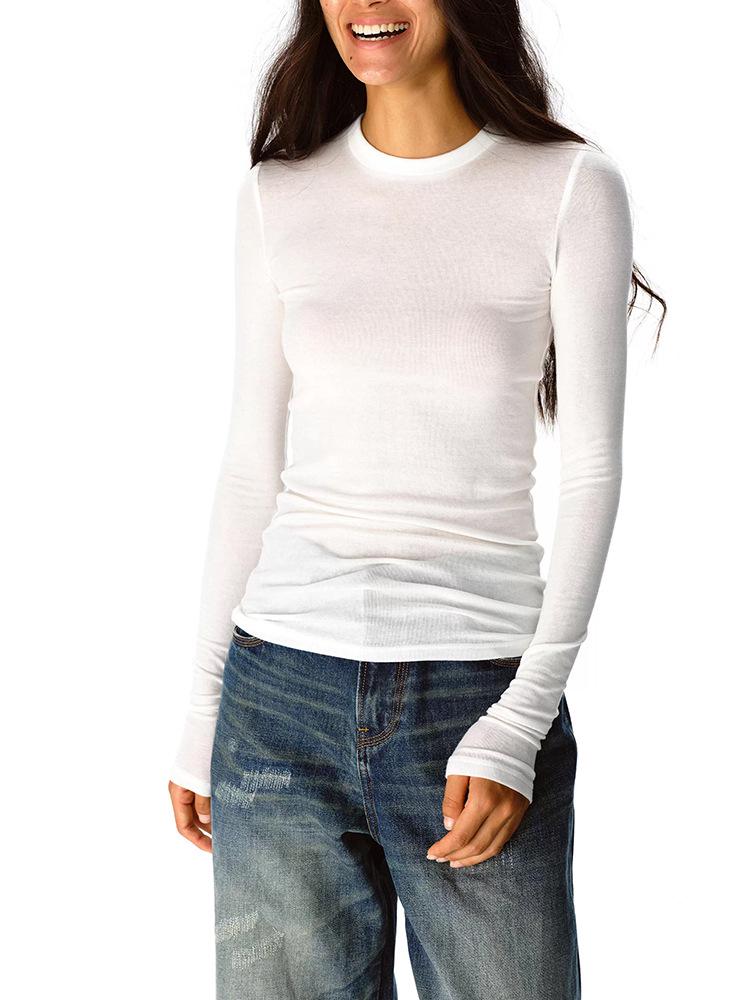 חולצת טי לנשים, גזרה צמודה, רטרו, קלת משקל, צמר אמריקאי, טנסל, שרוולים ארוכים - שכבת בסיס ידידותית לעור ומתיחה