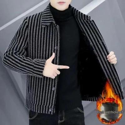 Pánský vlněný kabát vysoké kvality: Plus Samet, Pruhovaná, Teplá Klopa, Ležérní Bunda na Podzim a Zimu