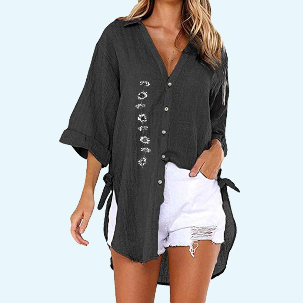 

Женская рубашка на пуговицах с принтом, летняя и осенняя модная футболка с коротким рукавом, женская повседневная рубашка с v-образным воротником, свободные длинные блузки 5XL чёрный