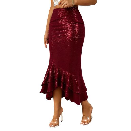 Damen Midi Rock Sexy Hüftbetontes Design Hüftbedeckend Einfarbiger Party Rock Glitzer Niedrige Taille Rüschensaum Fishtail Rock Tägliche Kleidung