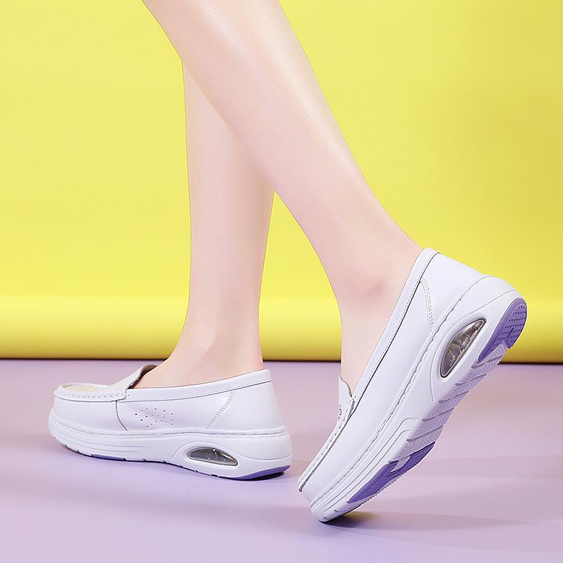 2025 Summer Hollow Breathable Genuine Leather Nursing Shoes - Cushioned Soft Sole Slip-On Non-Slip Hospital Work Shoes for Women