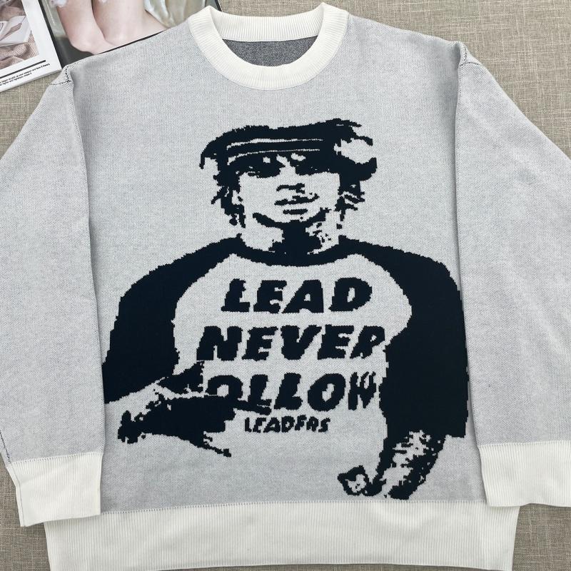 BeatStreet Vintage Swetry Dzianinowe Zimowe Oversize Unisex Y2k Harajuku Oversize Pulowery Portret Graficzny Szykowna Estetyka Streetwear