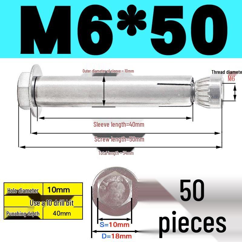 Stainless Steel Expansion Screw: Hexagonal Head with Internal Expansion (304/201), Sizes M6, M8, M10, M12.
