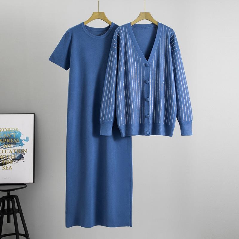 Rochie largă de primăvară și toamnă pentru femei plinute, cardigan tricotat cu aplicații termice, top casual la modă, costum din două piese