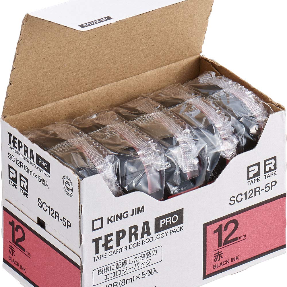 

King Jim Genuine Tepra PRO Tape Cartridge Eco Pack Red 8m (5-pack), 12mm, Label/Black Text, Length, SC12R-5P