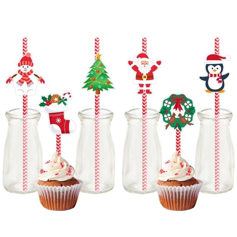 Biodegradable Christmas Paper Straws with and Tree Artwork Holiday Party Drinkware for Kids Adults