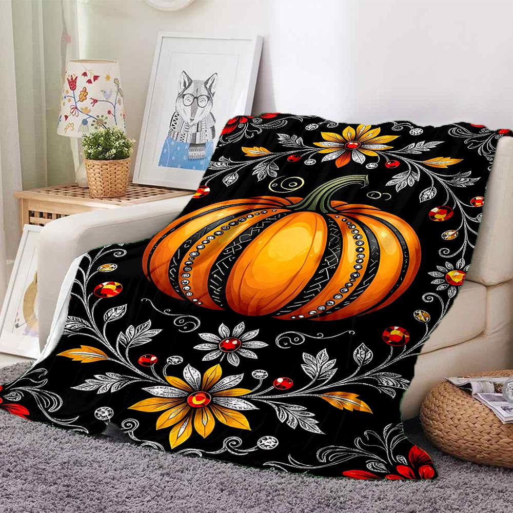 1pc Pumpkin Floral Blanket, Lightweight Flannel Throw Blanket for Sofa, Bed, Travel, Camping, Living Room, Office, Couch, Chair, and Bed