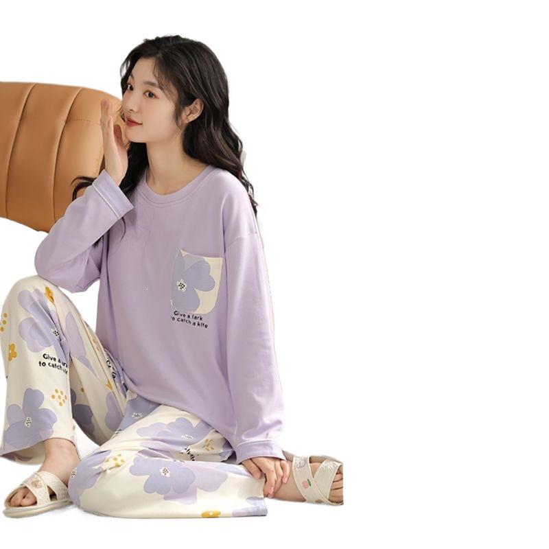 Women's Korean Style Cartoon Long Sleeve Casual Home Set with Chest Pads