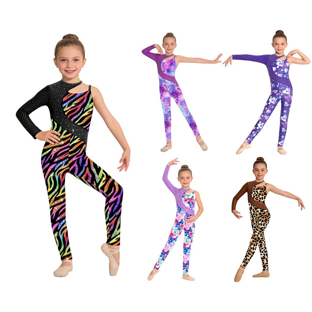 Children’s Shiny Rhinestone Printed Full Length Asymmetrical Leotard Jumpsuit for Gymnastics Dance Competition Performance
