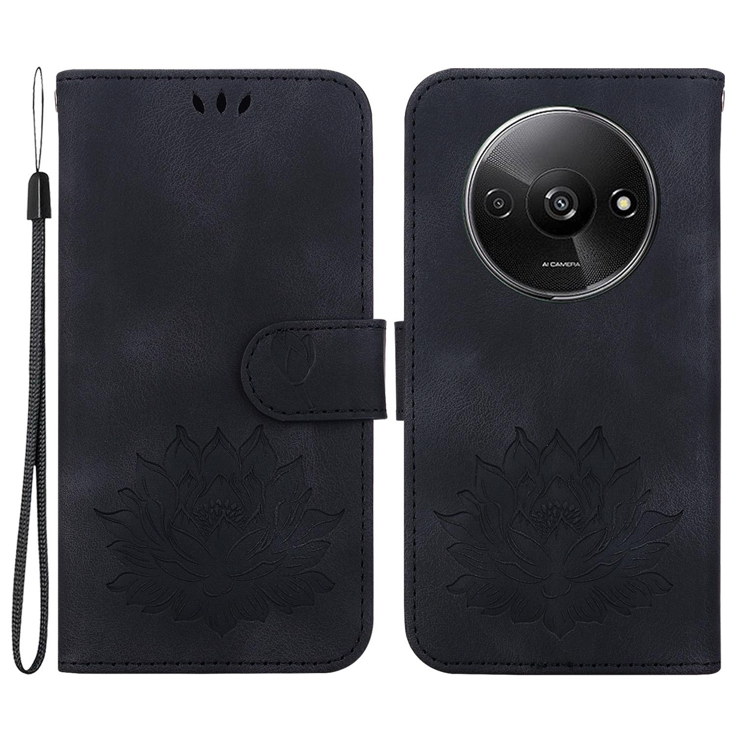 

For Xiaomi Redmi A3/Poco C61 4G Wallet Case Lotus Imprint Leather Phone Cover Black