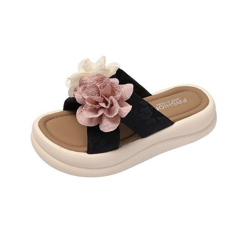2025 Summer New National Style Beaded Rose Soft Belt Fashionable Versatile Beach Wear Thick-bottomed Comfortable Slippers