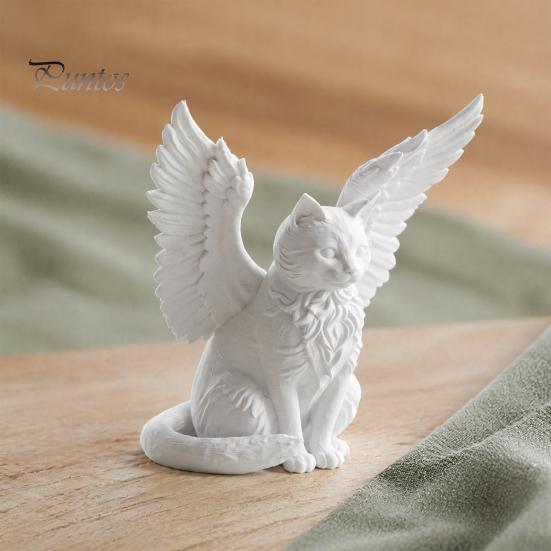 Small Decorative Figures Angel Cat Desk Ornament, Matte White 3D Printing Figurine, Minimalist Cute Animal Figurines Winged Sculpture for Home Office
