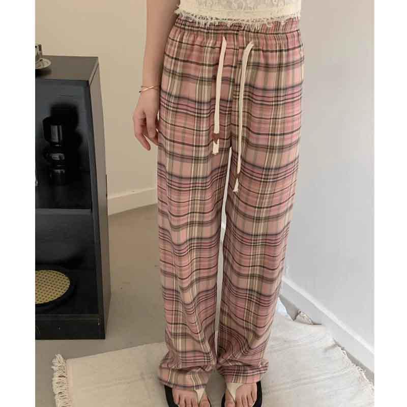 

Розовые брюки в клетку для миниатюрных женщин, с завышенной талией, укороченные, на кулиске, облегающего кроя, модные широкие штанины, XS (145СМ, 150) XL (116-125 jin)