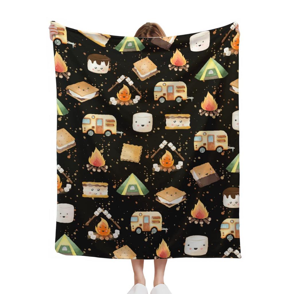 Cute Campervan Campfire Blanket Cartoon Food Digital Printed Flannel Blanket Rv Decorative Blanket