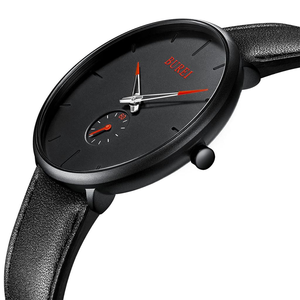 BUREI Men's Black Watch, Simple, Stylish, Popular, Waterproof, Stylish Brand, Men's Watch (Black-Black-Red, Leather)