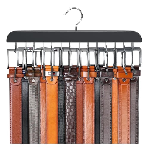 Stylish wooden belt hanger with 14 hooks, rotating and non-slip, perfect for storing ties, scarves, camisoles, pants, and underwear in your closet. (B