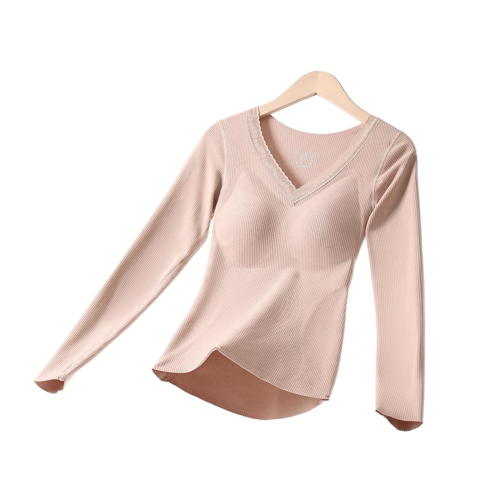 Women’s Cashmere Silk Slimming Underwear Set with Built-In Bra: Warm Cotton-Wool Long Sleeve Top & Bottoms for Autumn/Winter
