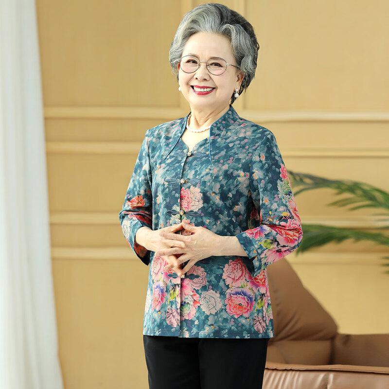 Paster Autumn Floral Tang Suit Set for Middle-Aged Women