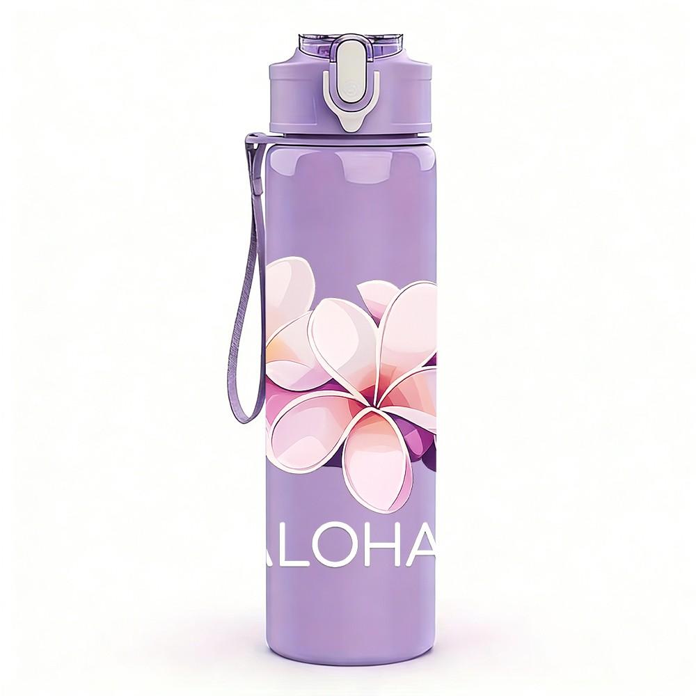 1PC Pink Plumeria Aloha Flower Print 750ml Color Plastic Sports Water Bottle Leakproof Flip Straw Lid Suitable for Sports Office Home Use
