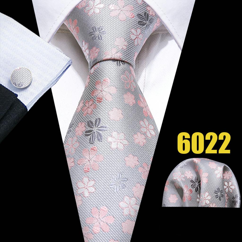 Barry.Wang Blumen-Krawatten-Set für Herren, Einstecktuch, Manschettenknöpfe, Hochzeit, formelle Krawatten-Set