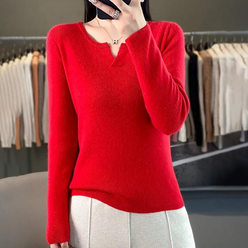 Autumn and winter new long-sleeved solid-color slim-fit bottoming shirt round V-neck sweater women's knitted sweater jumper top