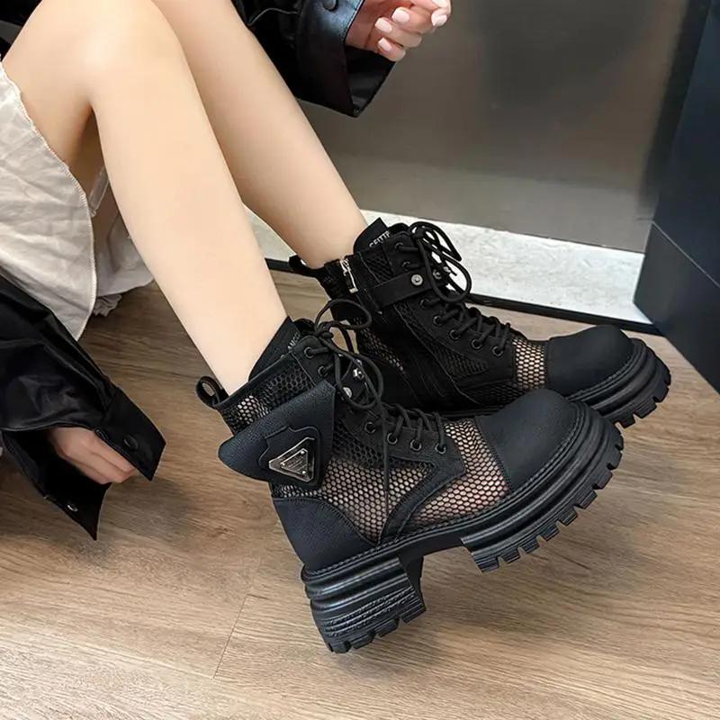 Fashion Punk Metal Decoration Breathable Mesh Boots Women 2025 Summer Chunky Platform High Heel Ankle Boots Fashion Thick Bottom Shoes