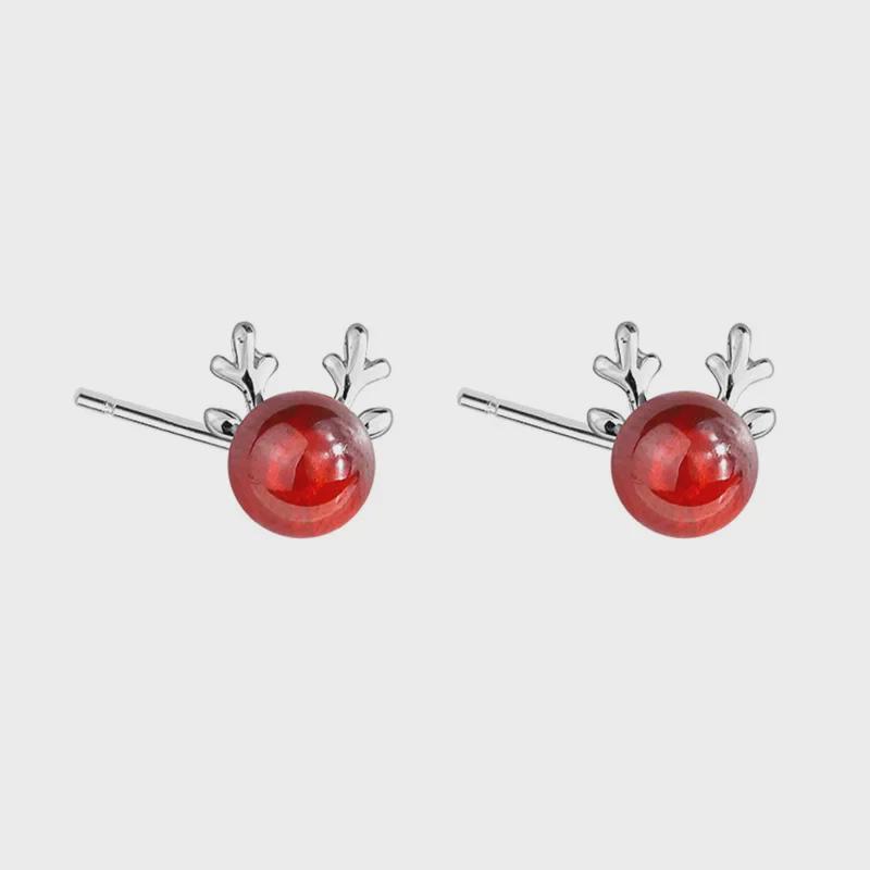 Red Garnet Deer Earrings: 925 Silver Christmas Jewelry for Women, Japanese & Korean Style