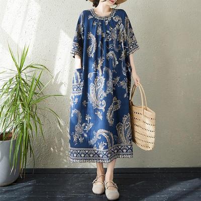 Short Sleeve Plus Size Cotton Vintage Floral New In Dresses for Women Casual Loose Long Summer Dress