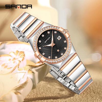 Sanda Damen Leuchtendes Sunray-Zifferblatt Quarz Uhr mit Vintage Kalender & Diamantakzenten, Wasserdicht.