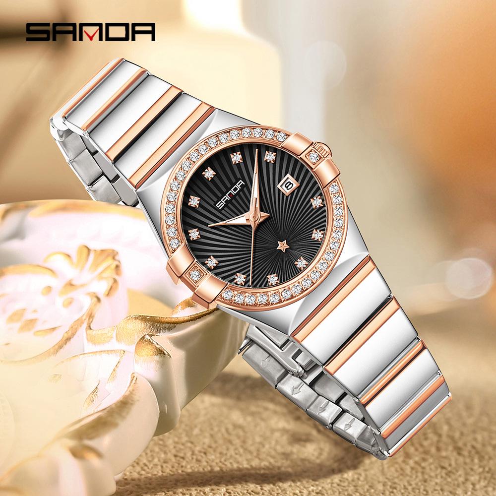 Sanda Women's Luminous Sunray Dial Quartz Watch with Vintage Calendar & Diamond Accents, Waterproof.