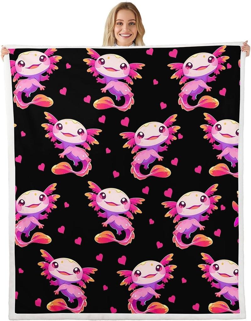 Cute Pink Axolotl Blanket Soft Fleece Throw Cherry Blossom Design Fantasy Art Kids Room Decor