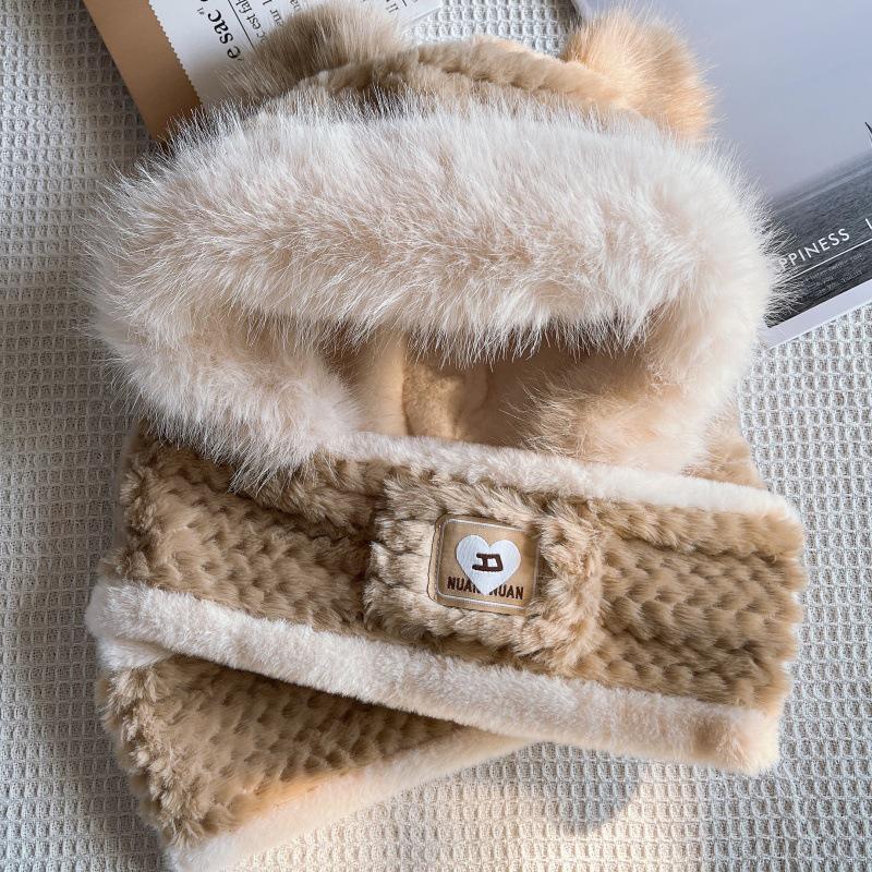 

Женский зимний плюшевый комплект шапка и шарф с медвежьими ушками в стиле колор-блок - Толстый, теплый, с защитой ушей, аксессуар для велоспорта